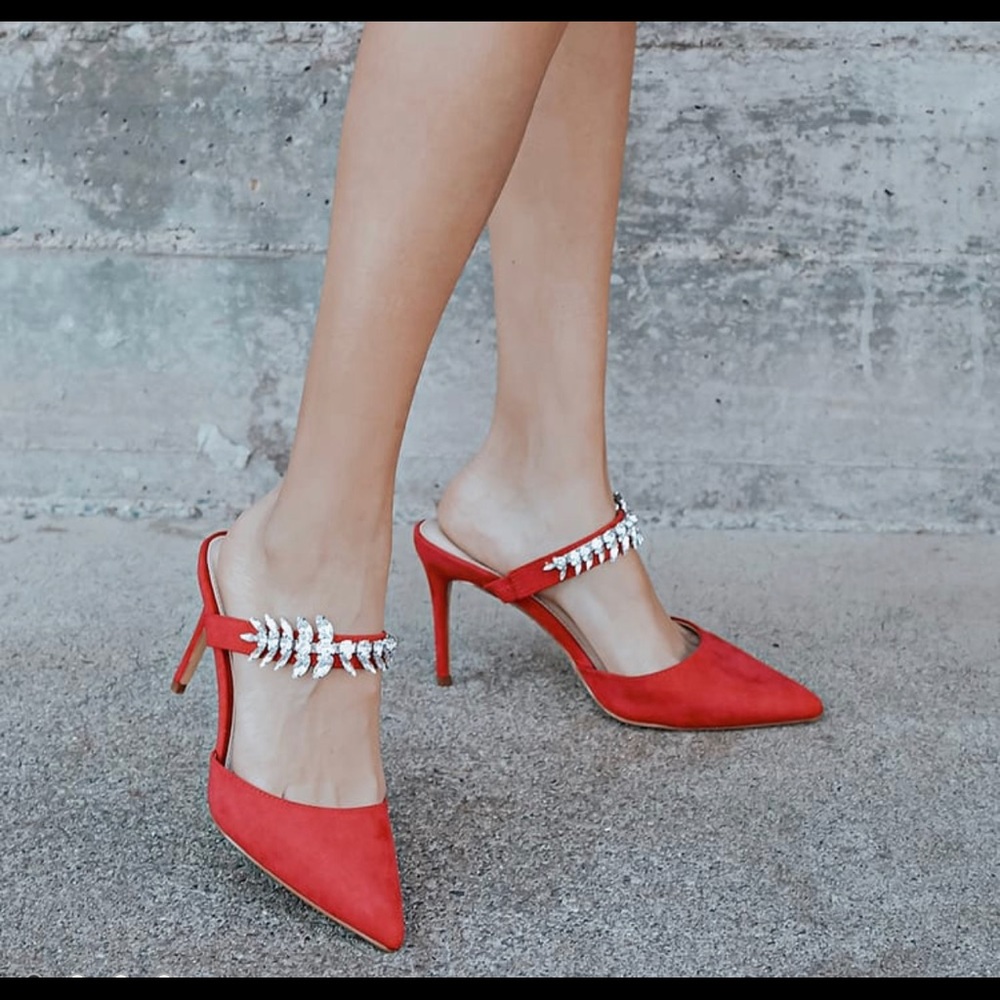 Tito Red Suede Rhinestone Pointed-Toe Mules